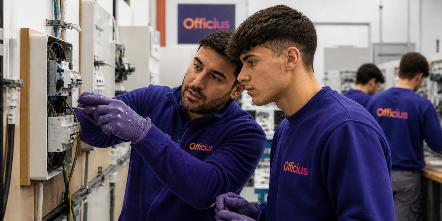 Profesor y alumno de Officius en taller práctico de instalación eléctrica
